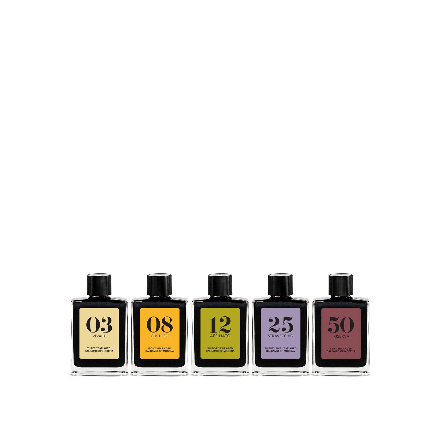 Set of five miniature Bonini balsamic vinegar bottles, perfect for gifting