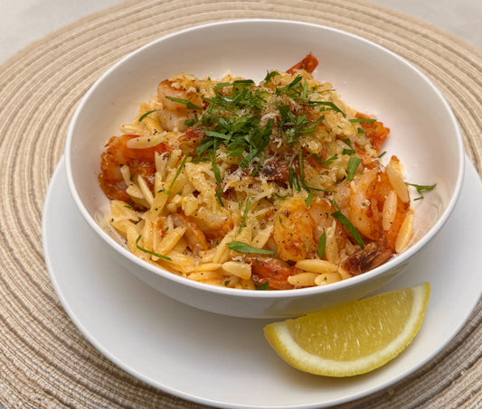 Calabrian Chili Shrimp with Lemon and Olive Oil Orzo
