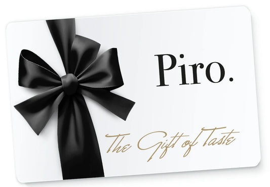 Gift card with a black bow and 'Piro.' branding on a white background